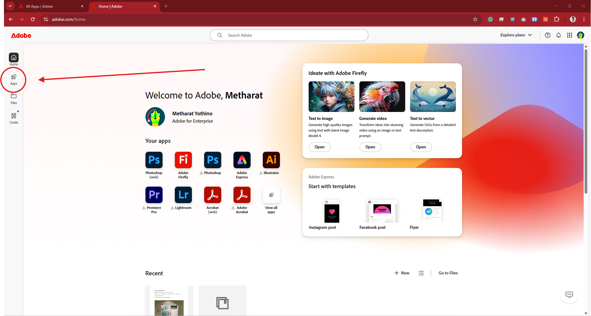 ปุ่ม Apps บนเว็บไซต์ Adobe